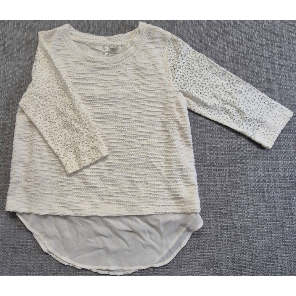 LC Lauren Conrad womens ivory lace sleeve layered high low blouse SM crochet top